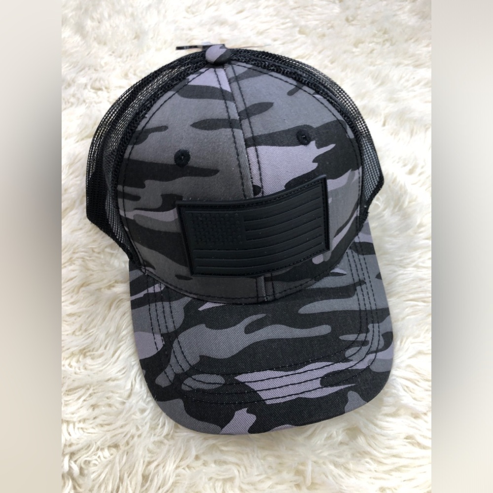 Gray Black Camo Mesh Back Trucker Hat with Flag Patch